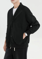 Plus Size Black V Neck Button Pockets Cotton Mens Cardigan Fall