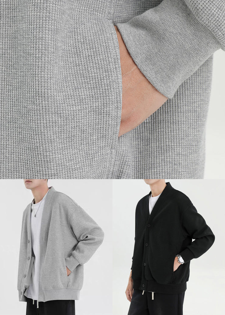 Plus Size Black V Neck Button Pockets Cotton Mens Cardigan Fall