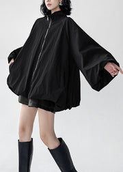 Plus Size Black Zip Up Pockets Cotton Coats Fall