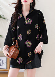 Plus Size Black Zip Up Print Cotton Sweatshirts Top Fall