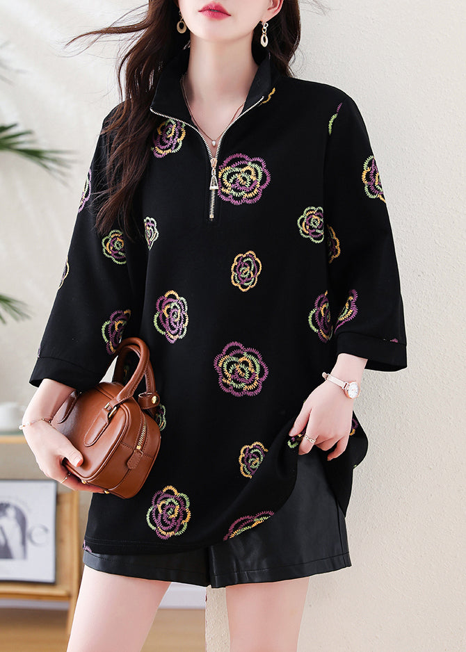 Plus Size Black Zip Up Print Cotton Sweatshirts Top Fall