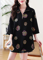 Plus Size Black Zip Up Print Cotton Sweatshirts Top Fall