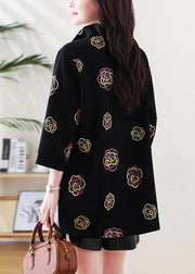 Plus Size Black Zip Up Print Cotton Sweatshirts Top Fall