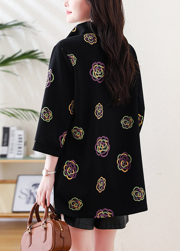 Plus Size Black Zip Up Print Cotton Sweatshirts Top Fall