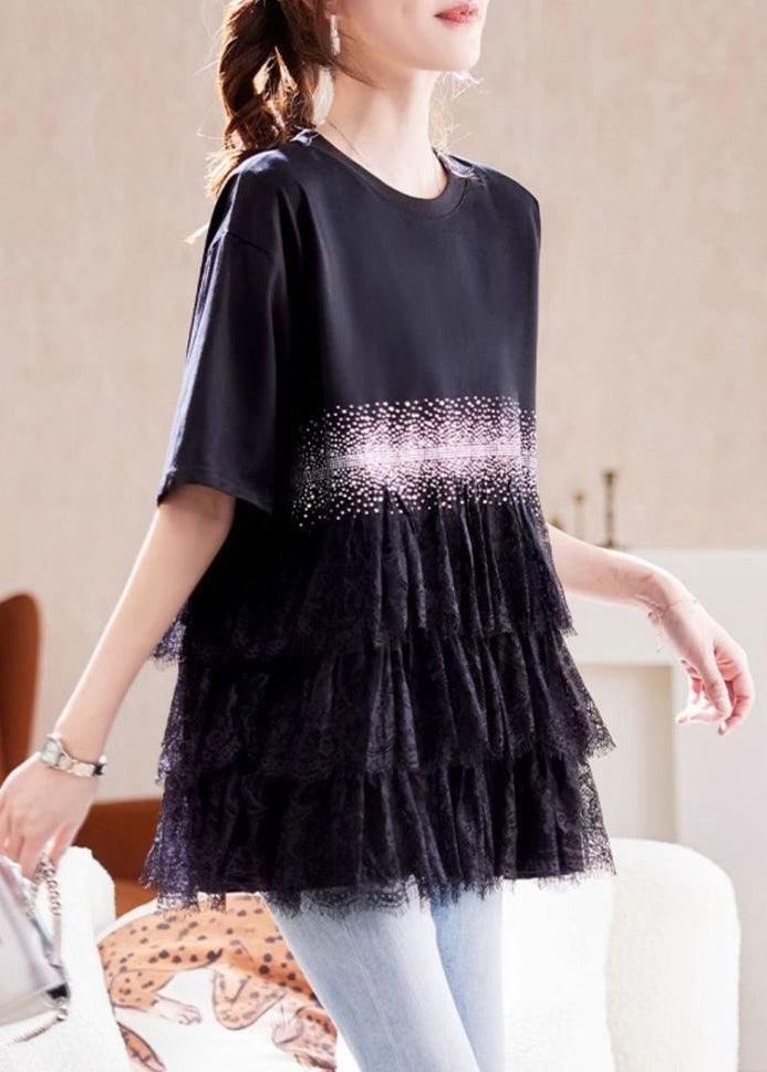 Plus Size Black Zircon Lace Patchwork Cotton T Shirt Summer