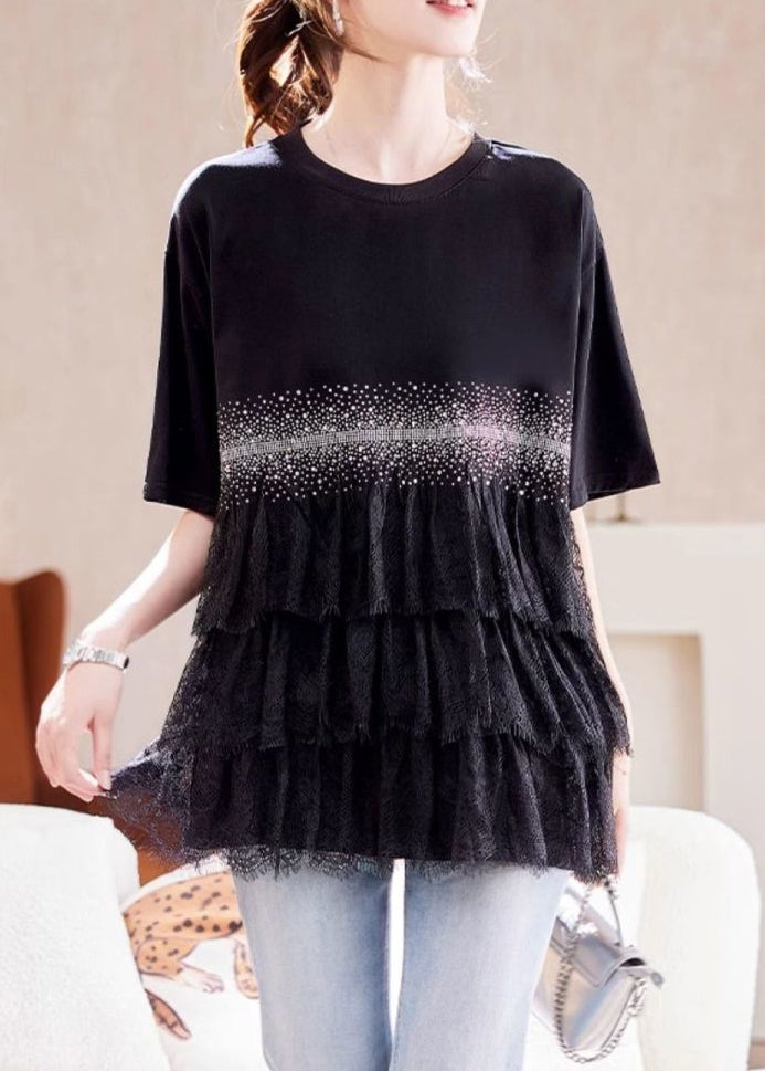 Plus Size Black Zircon Lace Patchwork Cotton T Shirt Summer