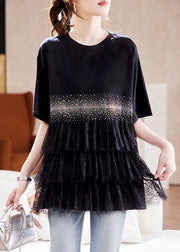 Plus Size Black Zircon Lace Patchwork Cotton T Shirt Summer