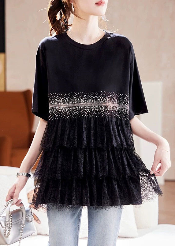 Plus Size Black Zircon Lace Patchwork Cotton T Shirt Summer