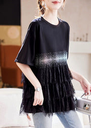 Plus Size Black Zircon Lace Patchwork Cotton T Shirt Summer