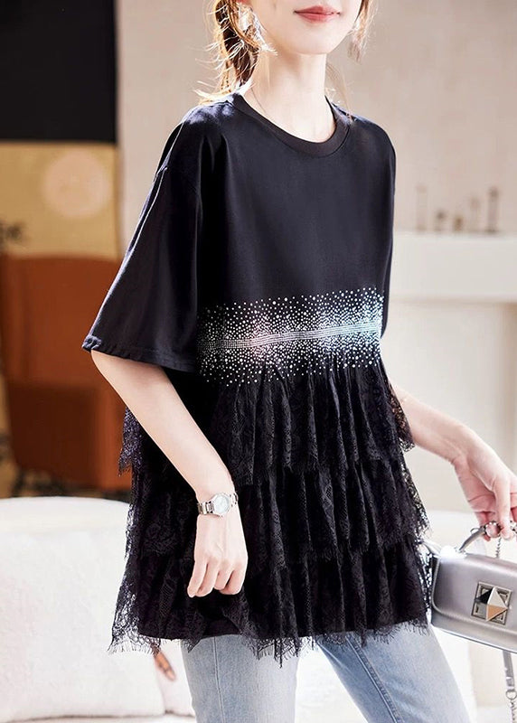 Plus Size Black Zircon Lace Patchwork Cotton T Shirt Summer