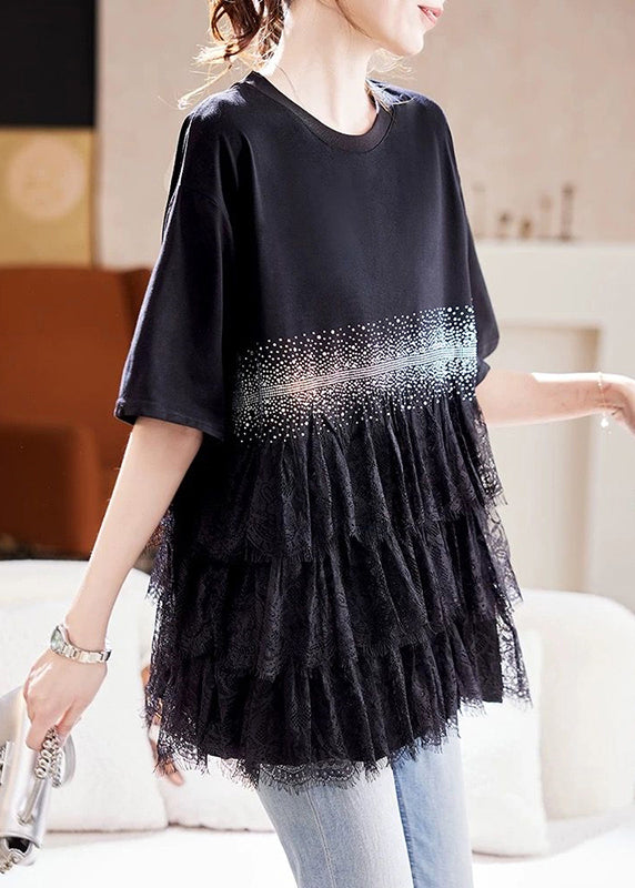 Plus Size Black Zircon Lace Patchwork Cotton T Shirt Summer