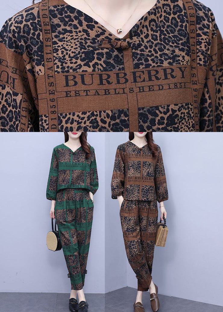 Plus Size Blackish Green Print Top And Crop Pants Two Pieces Set Long Sleeve