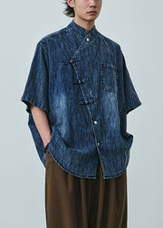 Plus Size Blue Asymmetrical Button Denim Men Shirts Summer