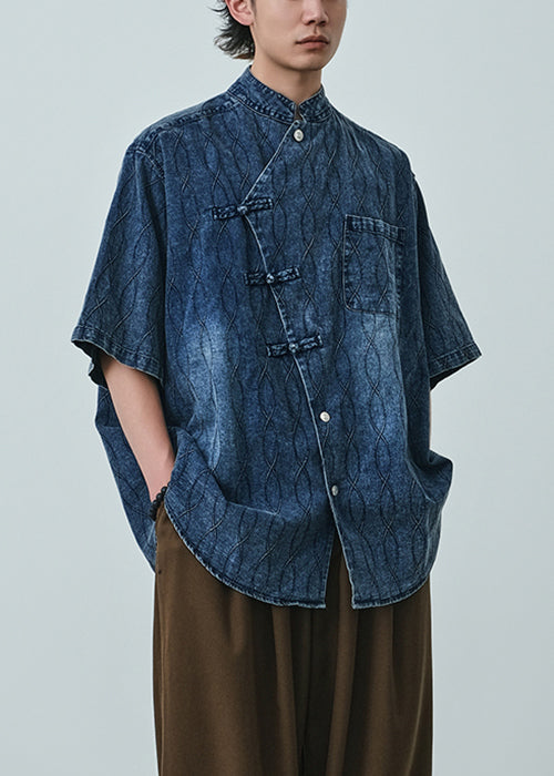 Plus Size Blue Asymmetrical Button Denim Men Shirts Summer