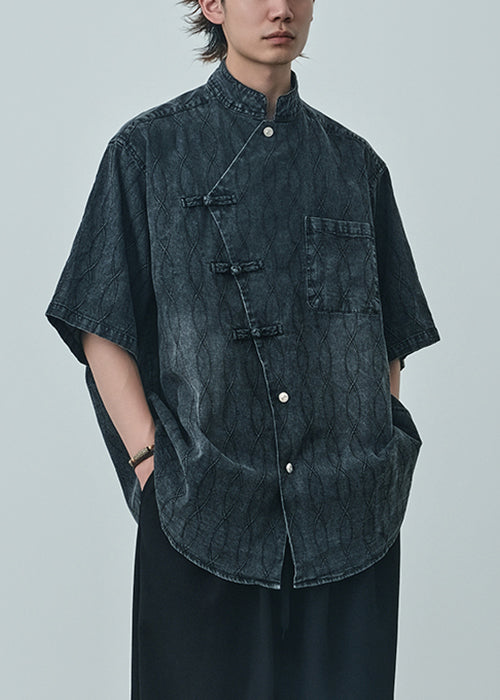 Plus Size Blue Asymmetrical Button Denim Men Shirts Summer