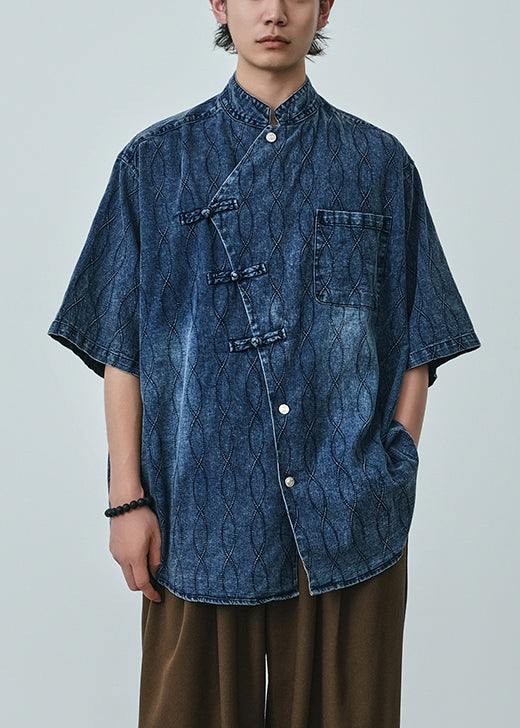 Plus Size Blue Asymmetrical Button Denim Men Shirts Summer