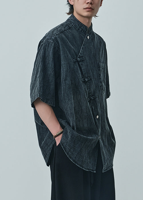 Plus Size Blue Asymmetrical Button Denim Men Shirts Summer