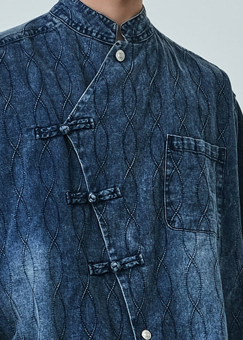 Plus Size Blue Asymmetrical Button Denim Men Shirts Summer