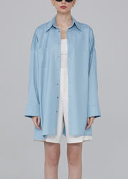 Plus Size Blue Button Pockets Patchwork Cotton Blouses Fall