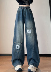 Plus Size Blue Letter Pockets Elastic Waist Denim Pants Fall