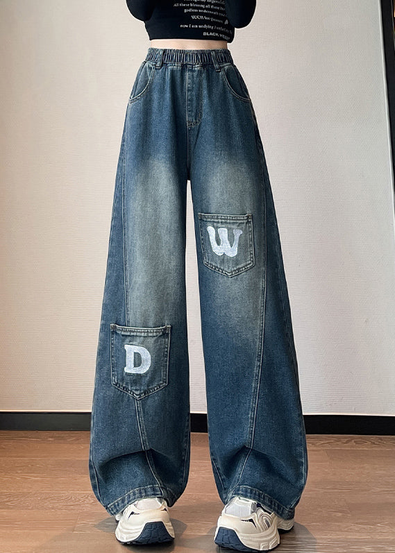 Plus Size Blue Letter Pockets Elastic Waist Denim Pants Fall