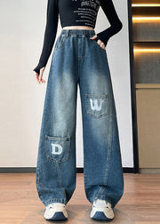 Plus Size Blue Letter Pockets Elastic Waist Denim Pants Fall