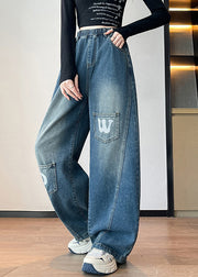 Plus Size Blue Letter Pockets Elastic Waist Denim Pants Fall