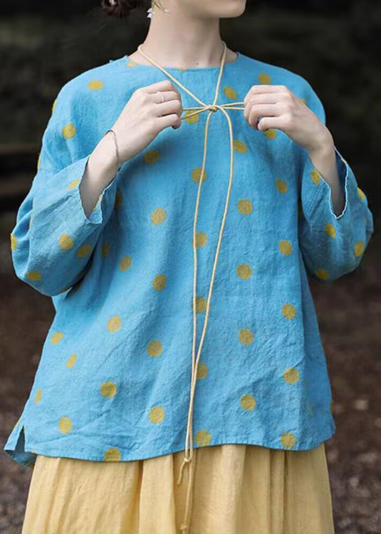 Plus Size Blue O Neck Button Dot Linen Shirt Fall
