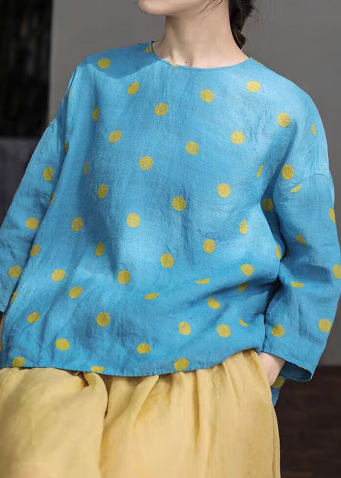 Plus Size Blue O Neck Button Dot Linen Shirt Fall