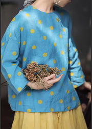 Plus Size Blue O Neck Button Dot Linen Shirt Fall