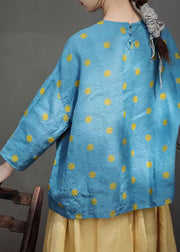 Plus Size Blue O Neck Button Dot Linen Shirt Fall