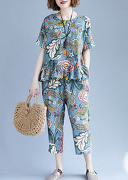 Plus Size Blue O-Neck Cotton Tops And Crop Pants Two Pieces Set Spring