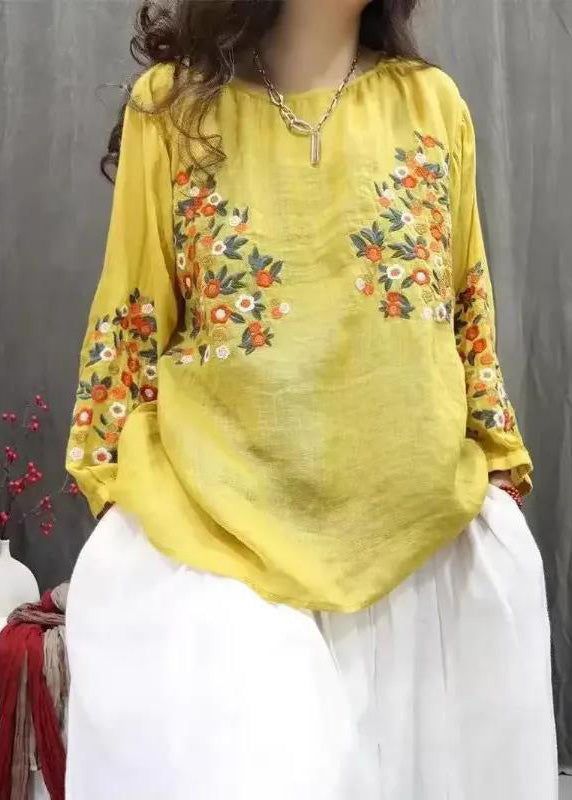 Plus Size Blue O-Neck Embroidered Tops Fall