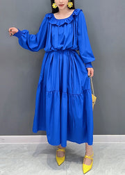 Plus Size Blue O-Neck Patchwork Long Dress Lantern Sleeve