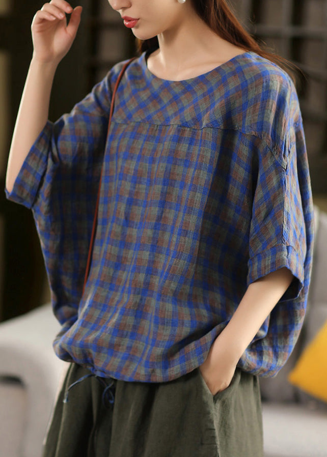 Plus Size Blue O Neck Plaid Patchwork Linen Top Summer