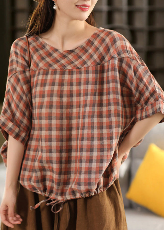 Plus Size Blue O Neck Plaid Patchwork Linen Top Summer