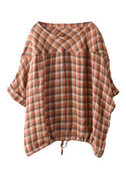 Plus Size Blue O Neck Plaid Patchwork Linen Top Summer