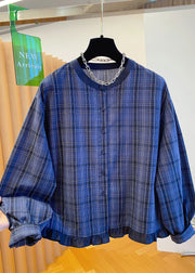 Plus Size Blue O Neck Plaid Ruffled Cotton Shirt Top Fall