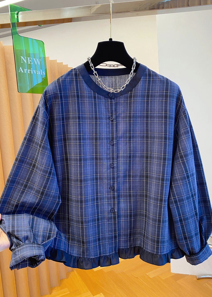 Plus Size Blue O Neck Plaid Ruffled Cotton Shirt Top Fall