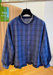 Plus Size Blue O Neck Plaid Ruffled Cotton Shirt Top Fall