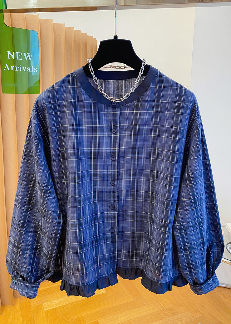 Plus Size Blue O Neck Plaid Ruffled Cotton Shirt Top Fall