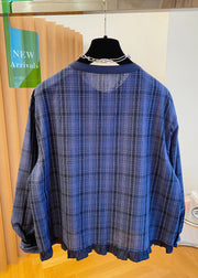 Plus Size Blue O Neck Plaid Ruffled Cotton Shirt Top Fall
