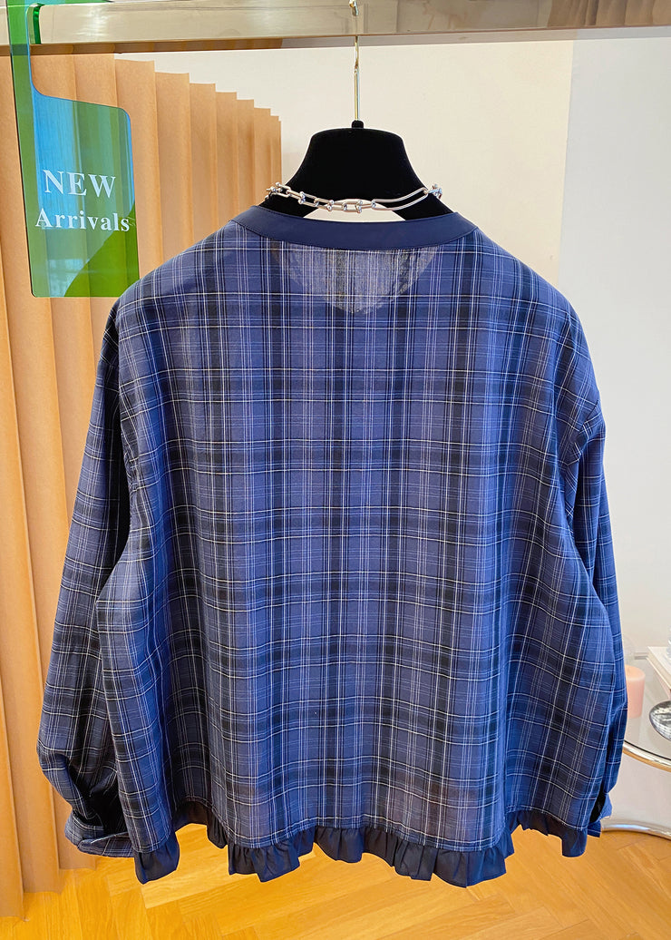 Plus Size Blue O Neck Plaid Ruffled Cotton Shirt Top Fall