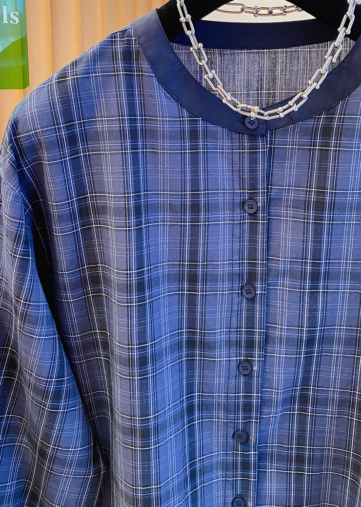 Plus Size Blue O Neck Plaid Ruffled Cotton Shirt Top Fall