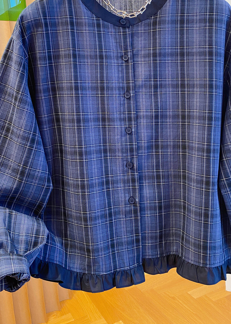 Plus Size Blue O Neck Plaid Ruffled Cotton Shirt Top Fall