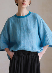 Plus Size Blue O Neck Solid Linen Shirt Half Sleeve