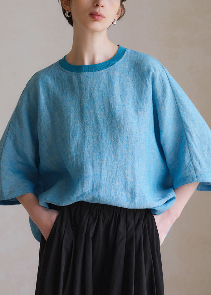 Plus Size Blue O Neck Solid Linen Shirt Half Sleeve