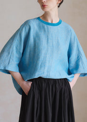 Plus Size Blue O Neck Solid Linen Shirt Half Sleeve