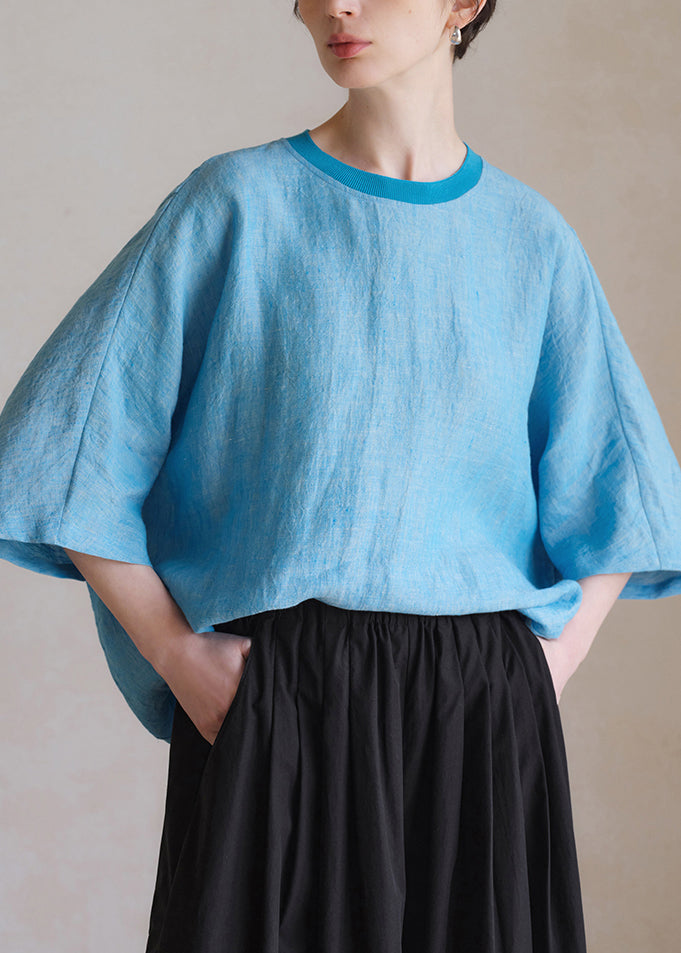 Plus Size Blue O Neck Solid Linen Shirt Half Sleeve
