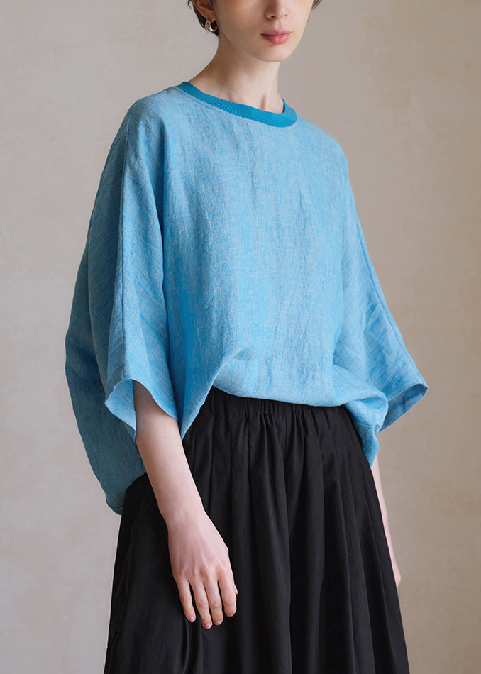 Plus Size Blue O Neck Solid Linen Shirt Half Sleeve
